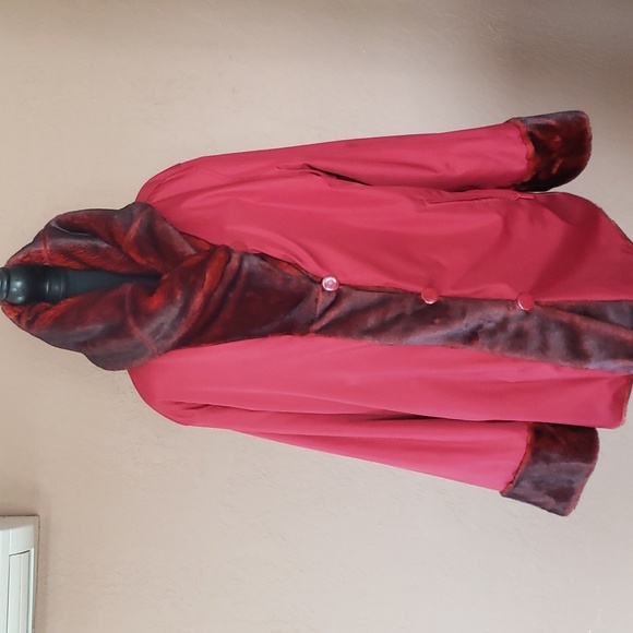 Dennis Basso Red Faux Fur Reversible Coat With Hood - Picture 3 of 9